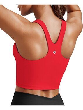 Women's Red Sports Bra High Neck Racer Back Workout Longline Crop Tank Top